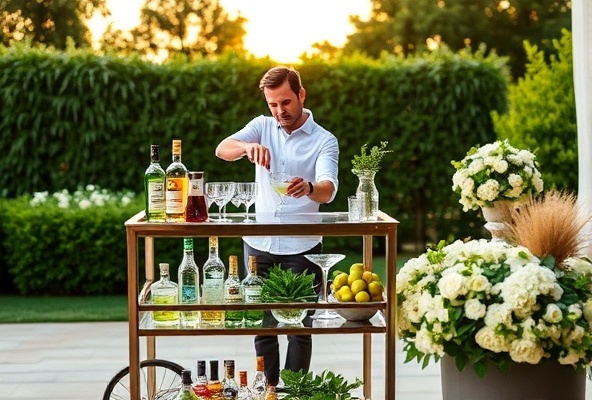 Professional mobile bar setup at an elegant outdoor wedding event