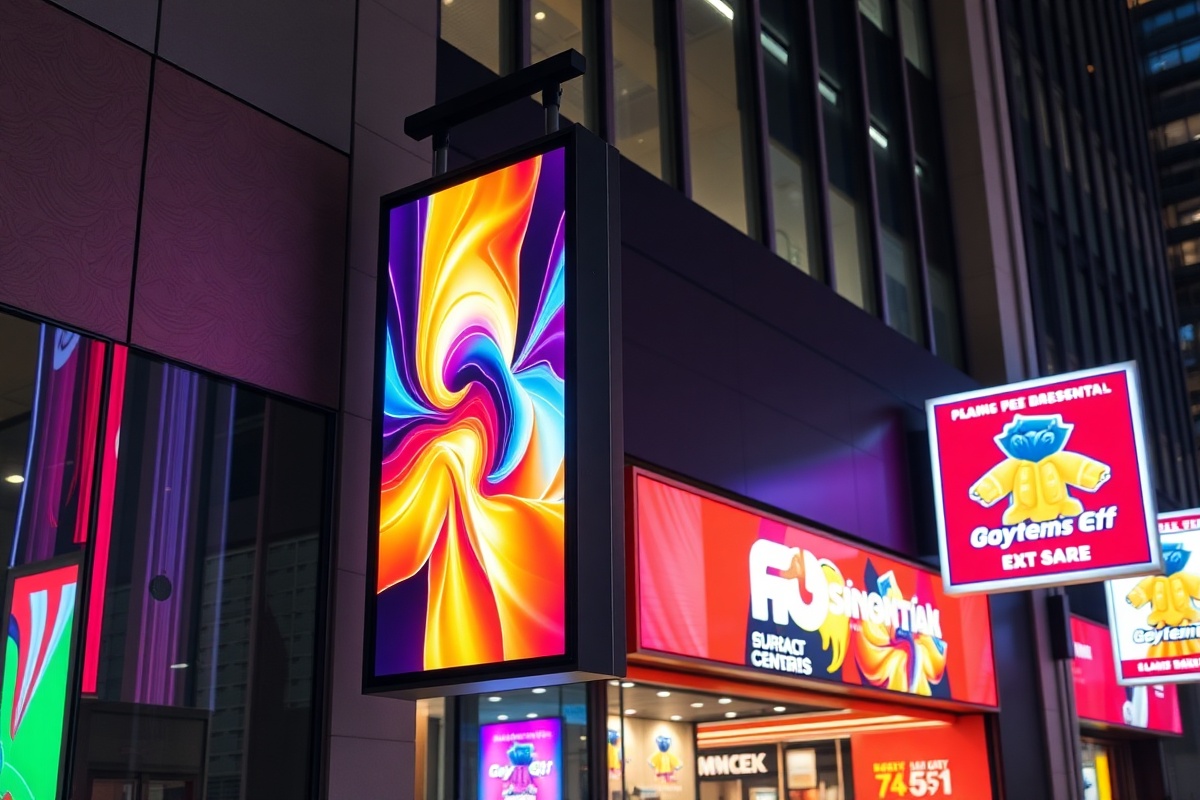 Modern professional SMD screen sign board display with vibrant bright LED lights and contemporary digital signage showcasing custom installation