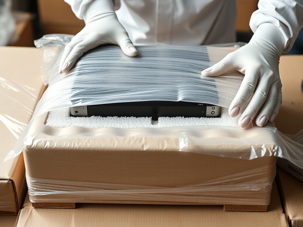 Professional hands carefully handling wrapped electronics package with protective foam and cushioning materials