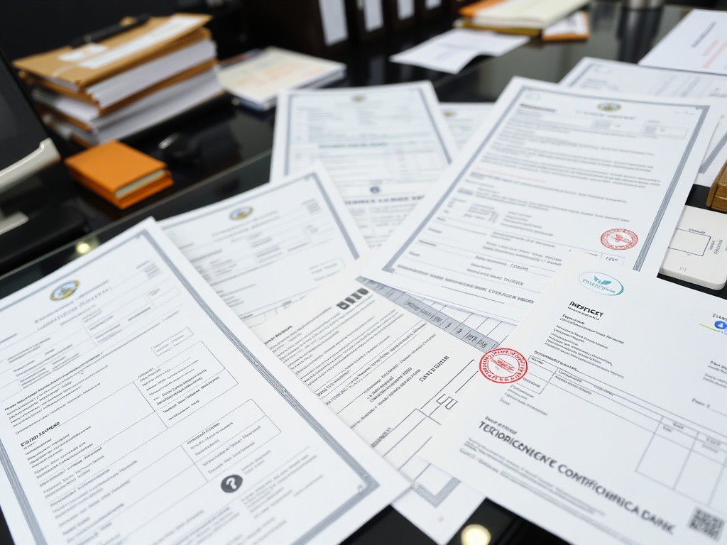 Professional customs documentation including bills of lading, commercial invoices, and certificates with official stamps