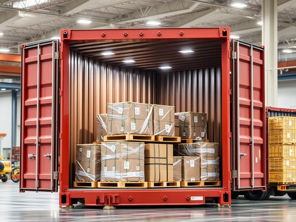 Large shipping container with professionally organized cargo loading and secure packaging arrangements