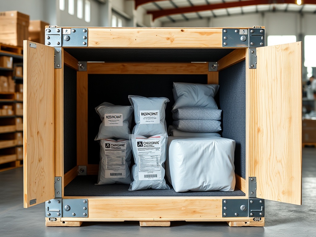 Professional wooden crate with reinforced metal corners and shock-absorbing foam padding for electronics shipping