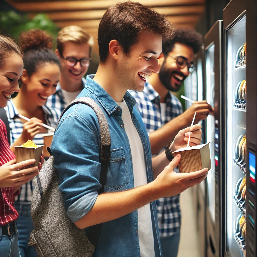 dall·e 2025-01-05 20.36.22 - a group of diverse people, seen from behind, happily using a self-service food vending machine. the scene captures a natural and lively moment as they.webp