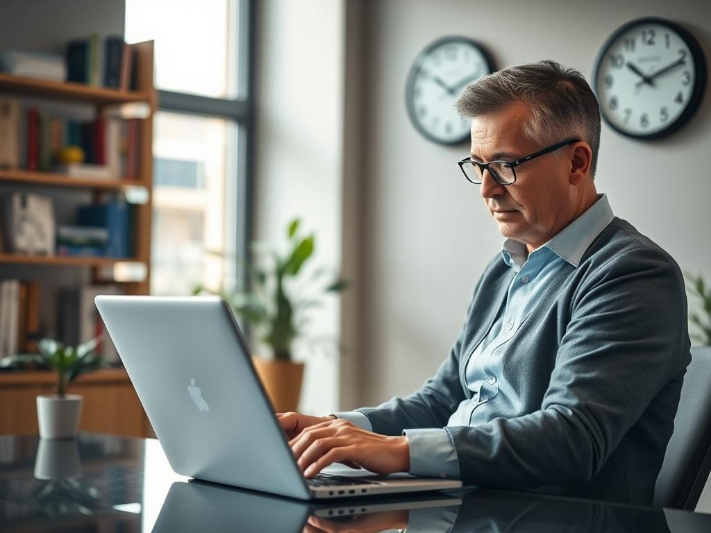 Create a highly detailed, realistic high-resolution photo focusing on a single subject that represents the theme "Understanding KYC in Cryptocurrency". The subject should be a professional looking individual, perhaps a middle-aged financial analyst, seated at a modern desk, deeply engaged in reviewing a digital document on a sleek laptop. They should be dressed in business casual attire, wearing glasses to suggest a thoughtful, analytical approach.

In the background, softly blurred but recognizable, showca