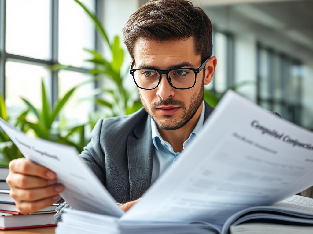 A close-up shot of a professional consultant reviewing compliance documents in an office setting. The consultant has a focused expression, surrounded by legal books and digital asset reports. The background features a modern office with green plants, emphasizing a clean and organized workspace. The lighting is bright and inviting, creating an atmosphere of trust and professionalism.
