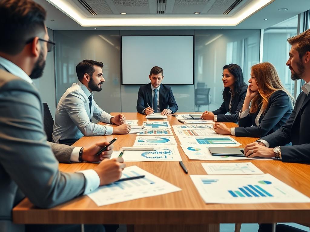 A high-resolution close-up of an enterprise compliance team meeting, with diverse professionals discussing compliance strategies over a table filled with charts and documents, in a sleek corporate boardroom environment.