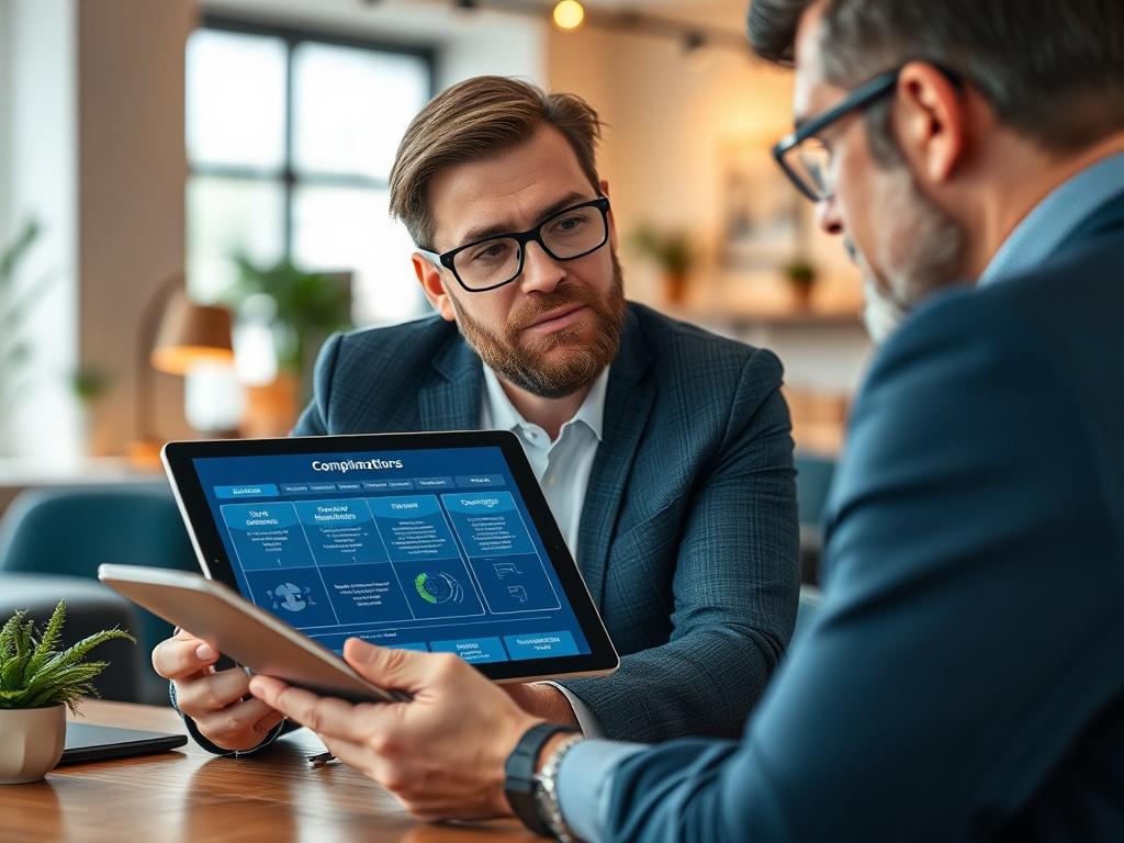 A high-resolution close-up of a professional consultant discussing compliance measures with a small business owner, showcasing a digital tablet displaying a compliance framework, set in a modern office environment with a warm and inviting atmosphere.