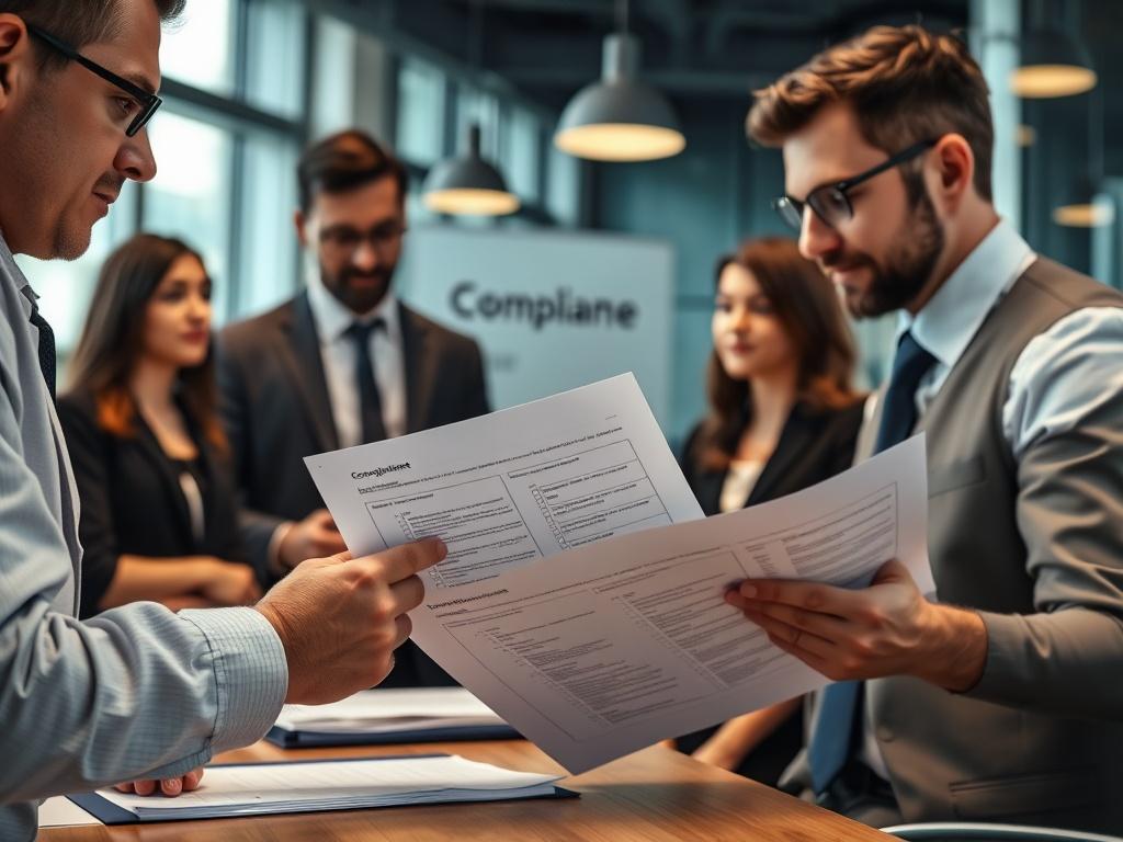 A high-resolution close-up of a compliance officer reviewing documents with a business team, featuring a checklist and compliance reports, in a contemporary office setting emphasizing professionalism and collaboration.