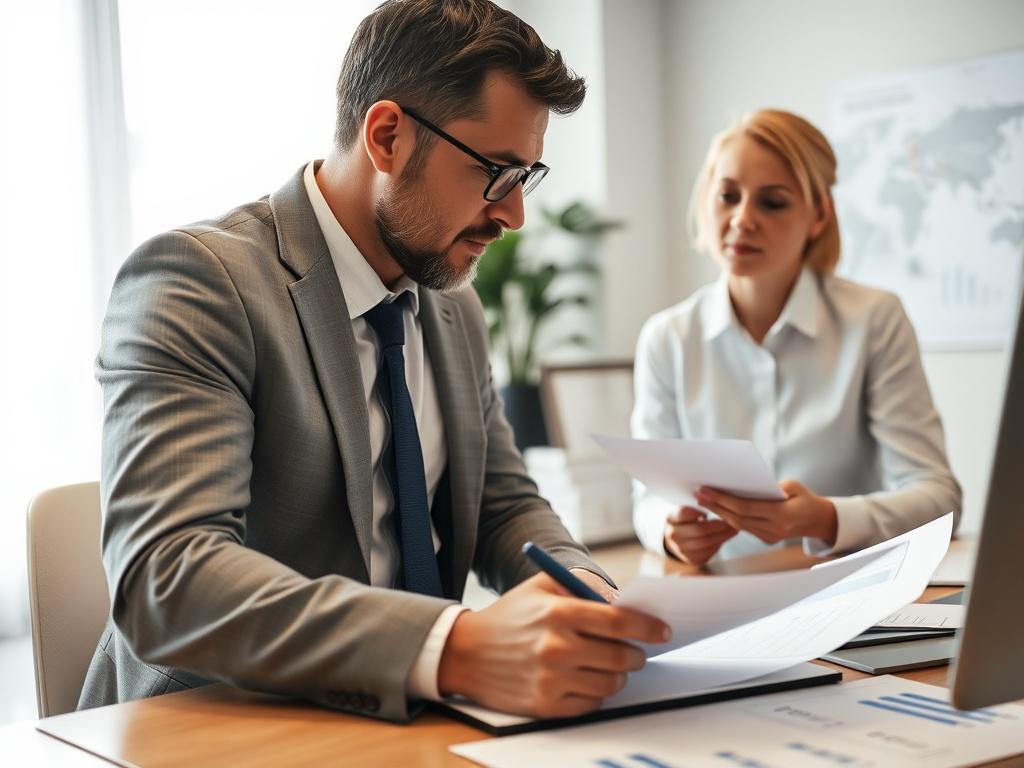 A close-up shot of a consultant discussing compliance strategies with a client, surrounded by charts and legal documents, in a well-lit office. The image should reflect collaboration and expertise, shot with a 45mm f/1.2 lens style.