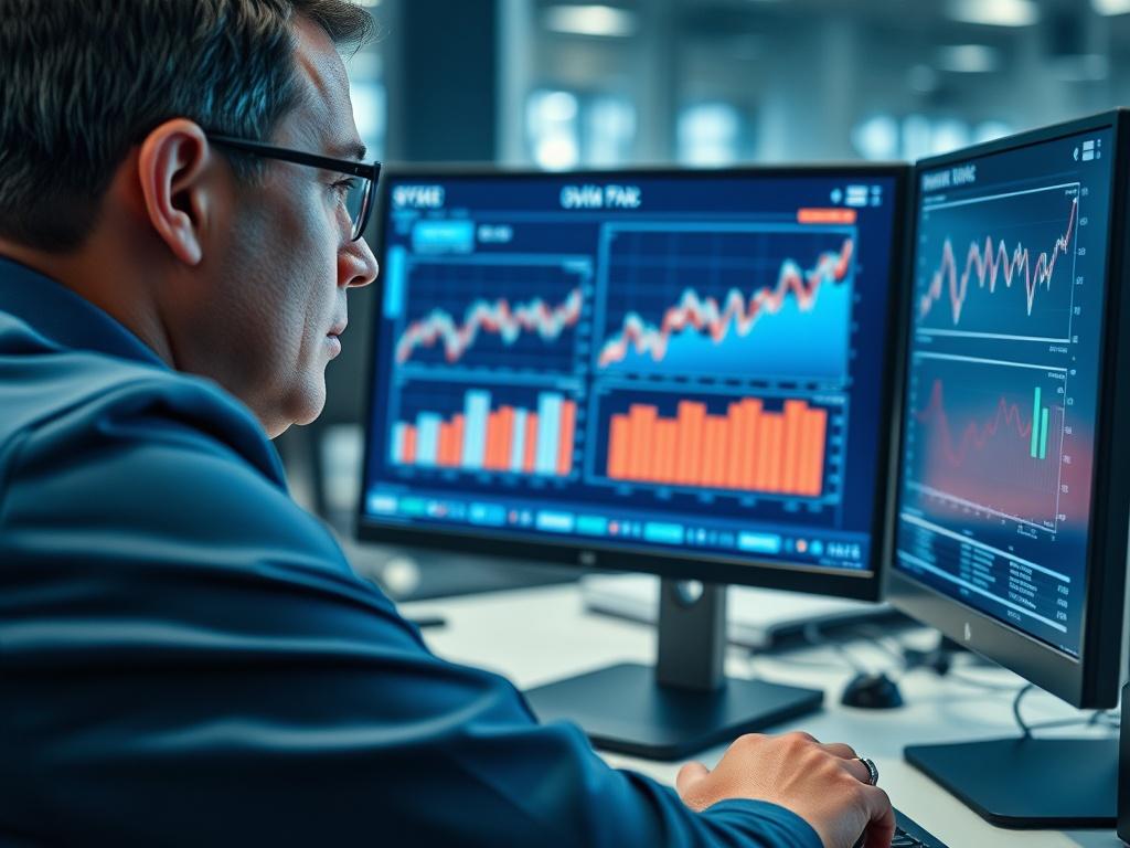A close-up shot of a compliance officer analyzing data on a computer screen, with graphs indicating financial flow, set in a modern office environment. The image should evoke a sense of vigilance and security, shot with a 45mm f/1.2 lens style.
