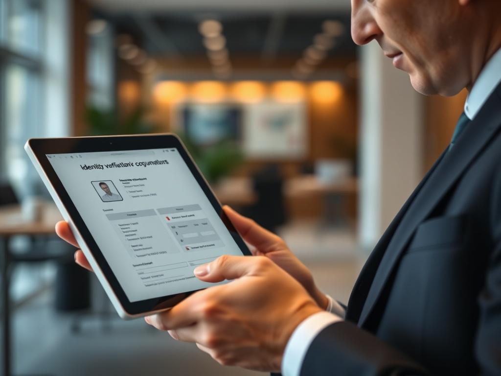 A close-up shot of a business professional reviewing identity verification documents on a digital tablet, with a blurred office background, emphasizing focus and professionalism. The image should convey trust and compliance, shot with a 45mm f/1.2 lens style.