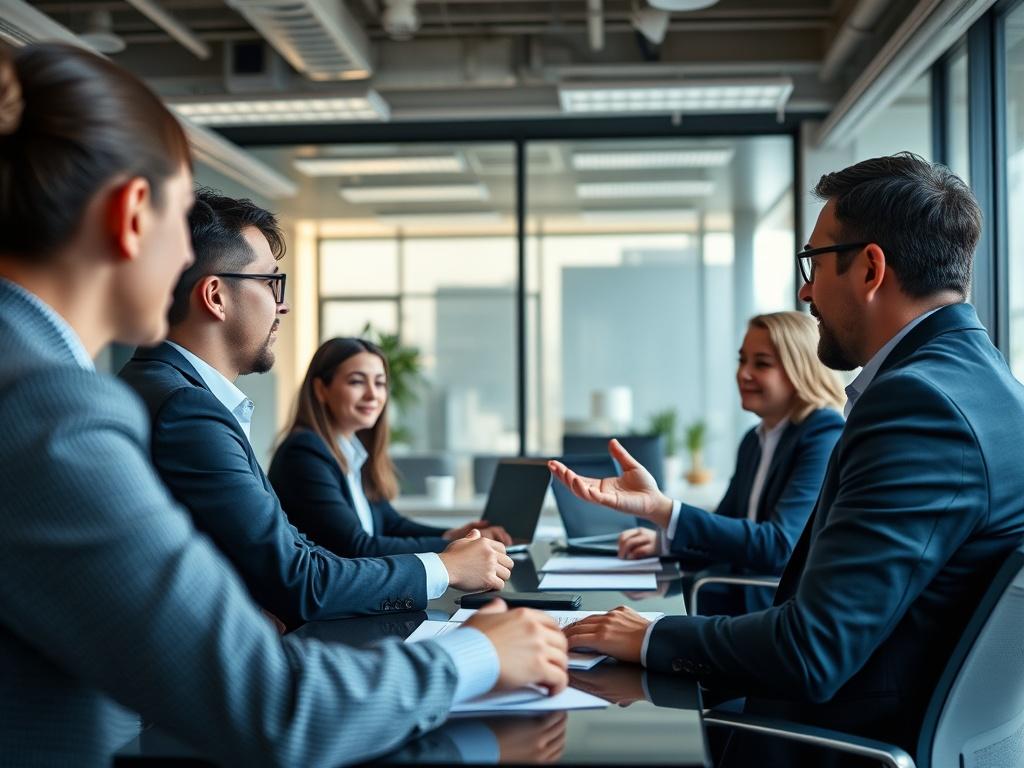 A team of professionals collaborating in an office, with one member leading a training session on KYC/AML compliance. The atmosphere is engaging and productive, showcasing teamwork in the compliance process.