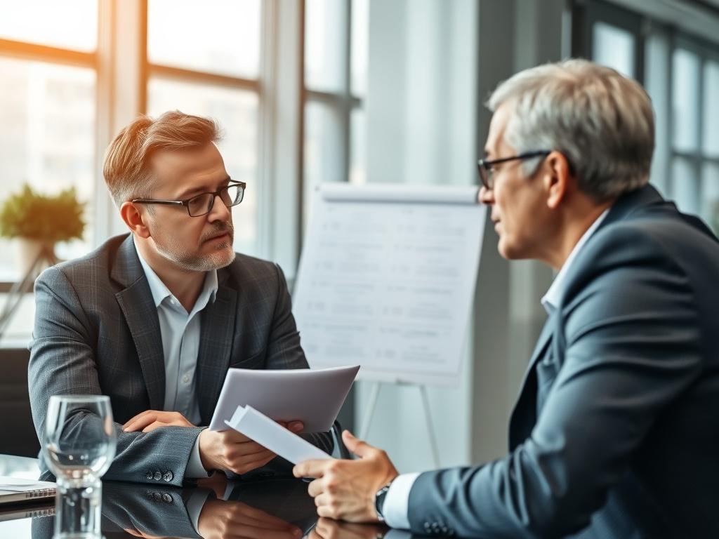 A professional meeting between two individuals discussing compliance strategies. One person is taking notes, while the other presents a digital asset compliance framework. The setting is modern and well-lit, emphasizing the seriousness of blockchain compliance.
