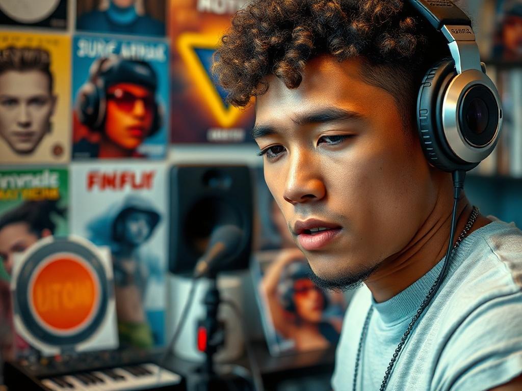 A close-up shot of an independent artist in a modern studio, passionately working on their music. The background features vibrant album covers and branding materials. The artist is focused, with a look of determination and creativity. The lighting highlights their features and the colorful environment, creating an inspiring atmosphere that reflects success in branding and promotion.
