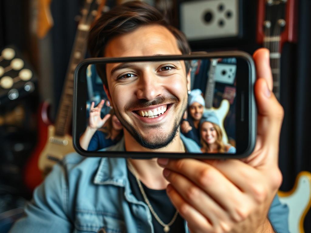 A close-up shot of a musician interacting with fans on social media, captured on a smartphone screen. The background features musical instruments and personal branding elements. The musician is smiling, showcasing engagement and connection with followers, reflecting the importance of social media marketing in the music industry.