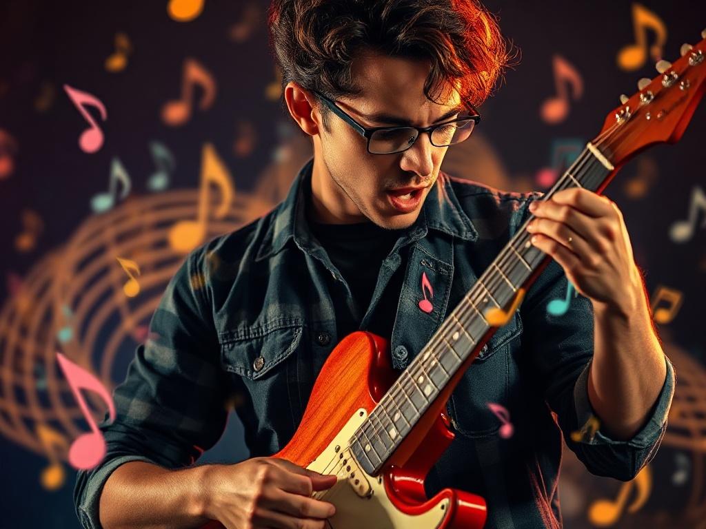 A close up shot of an independent artist passionately playing