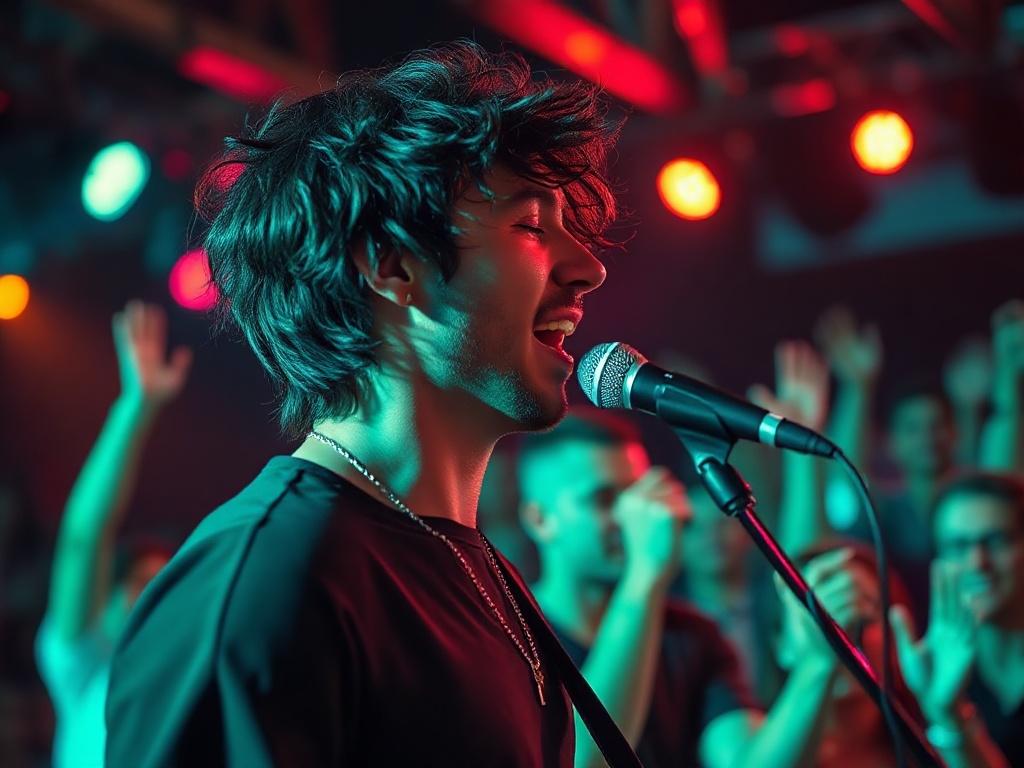 A close up shot of a music artist passionately performing