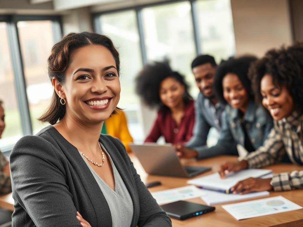 Create a realistic high-resolution photo of a confident, diverse group of individuals engaged in a collaborative workforce development workshop. The composition should feature a close-up shot of a single female facilitator in her early 30s, with an expression of enthusiasm and encouragement as she interacts with participants. She should have shoulder-length curly hair and be wearing professional attire that reflects a modern and approachable image.

In the background, include soft-focused imagery of a diver
