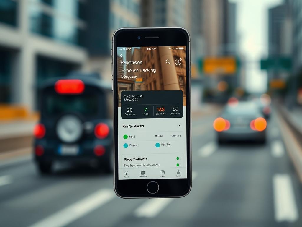A close-up shot of a smartphone displaying the RouteLife app interface, showcasing its expense tracking and mileage features. The background should be blurred, suggesting an urban environment, with a hint of a road or highway to indicate travel. The image should have a realistic high-resolution quality, captured with a 45mm f/1.2 lens style to highlight the app's details.