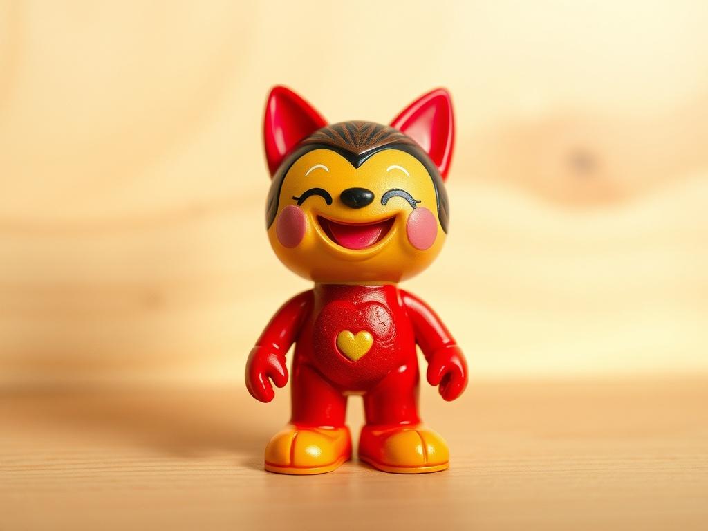 **AI Image Generation Prompt:**

Create a highly detailed, realistic high-resolution photo of a single, colorful toy figurine that embodies joy and playfulness. The figurine should be depicted in close-up, highlighting its intricate details, textures, and vibrant colors. Use a 45mm f/1.2 lens style for a shallow depth of field, ensuring that the background is softly blurred to emphasize the subject. 

The background should feature a simple, warm-toned surface such as light wood or soft fabric that complemen