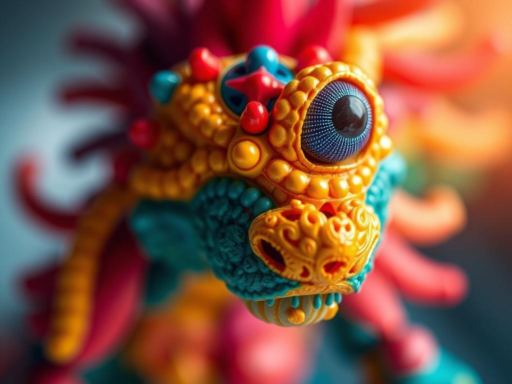 A hyper-realistic close-up shot of a colorful, intricately designed toy, showcasing vivid details and textures. The image should be set against a soft-focus background that enhances the toy's features, captured with a 45mm f/1.2 lens to create a dreamy bokeh effect. The primary color theme should align with #222222, emphasizing the toy's vibrant colors.