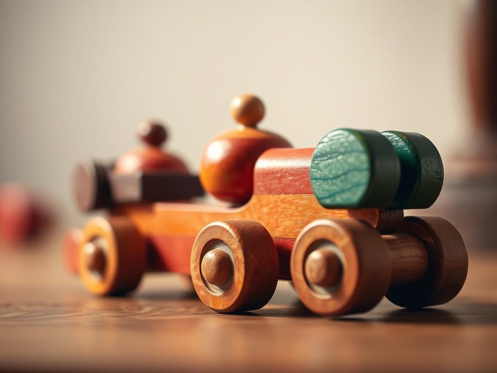A hyper-realistic close-up shot of a beautifully crafted wooden toy in vibrant colors, showcasing intricate details. The background is softly blurred to emphasize the toy, with warm lighting that highlights its texture. The image should evoke a sense of nostalgia and joy, capturing the essence of playfulness.