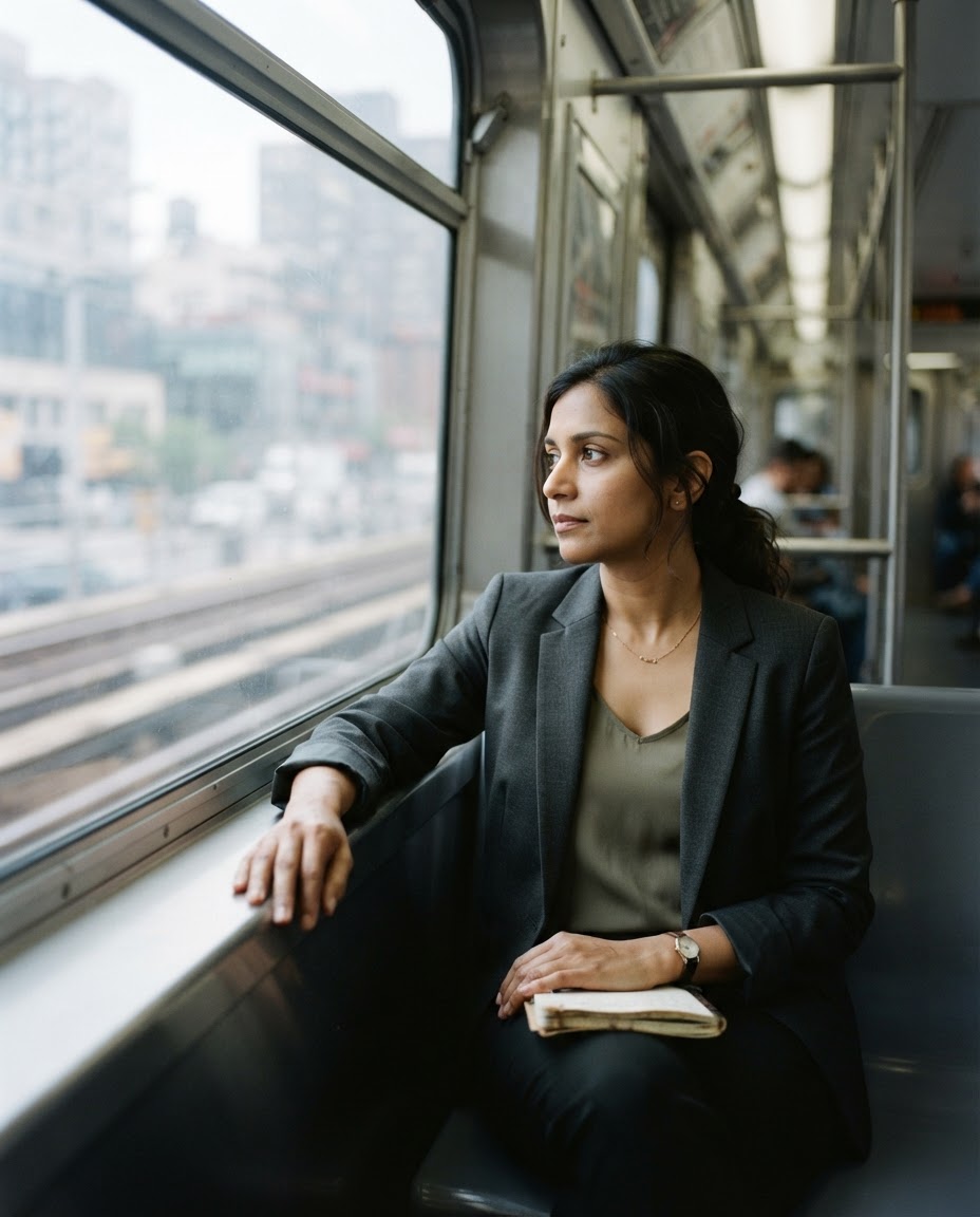 Ines Halvorsen looking out the window of a subway car in cool daylight