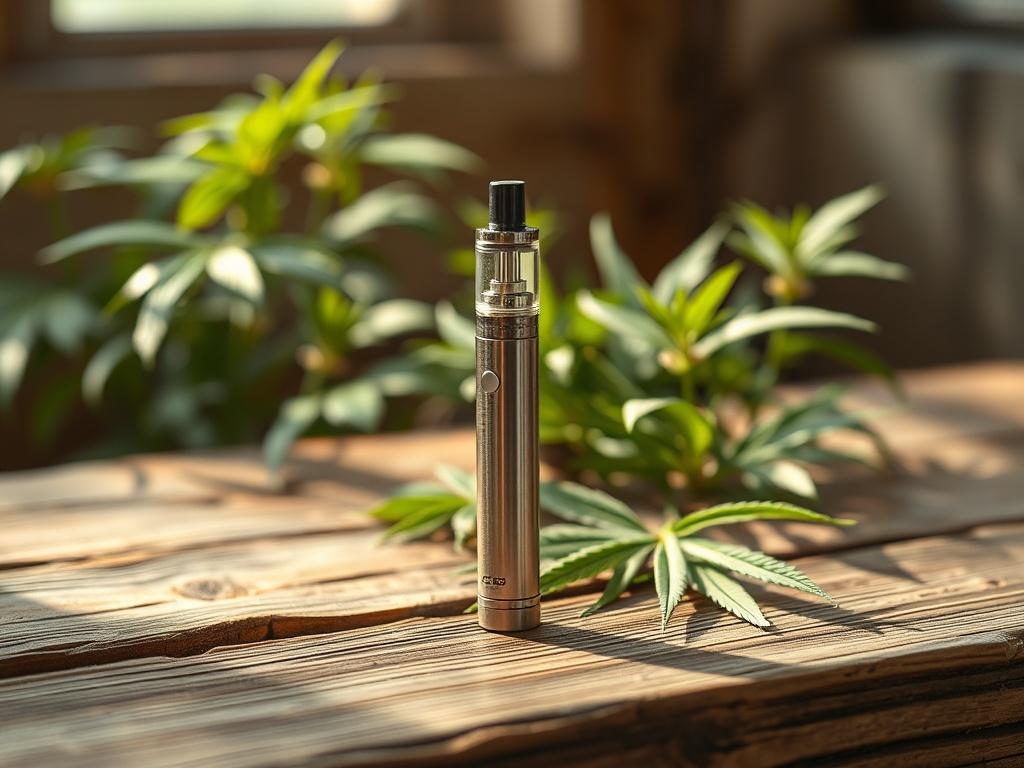 An elegant CBD vape pen resting on a rustic wooden