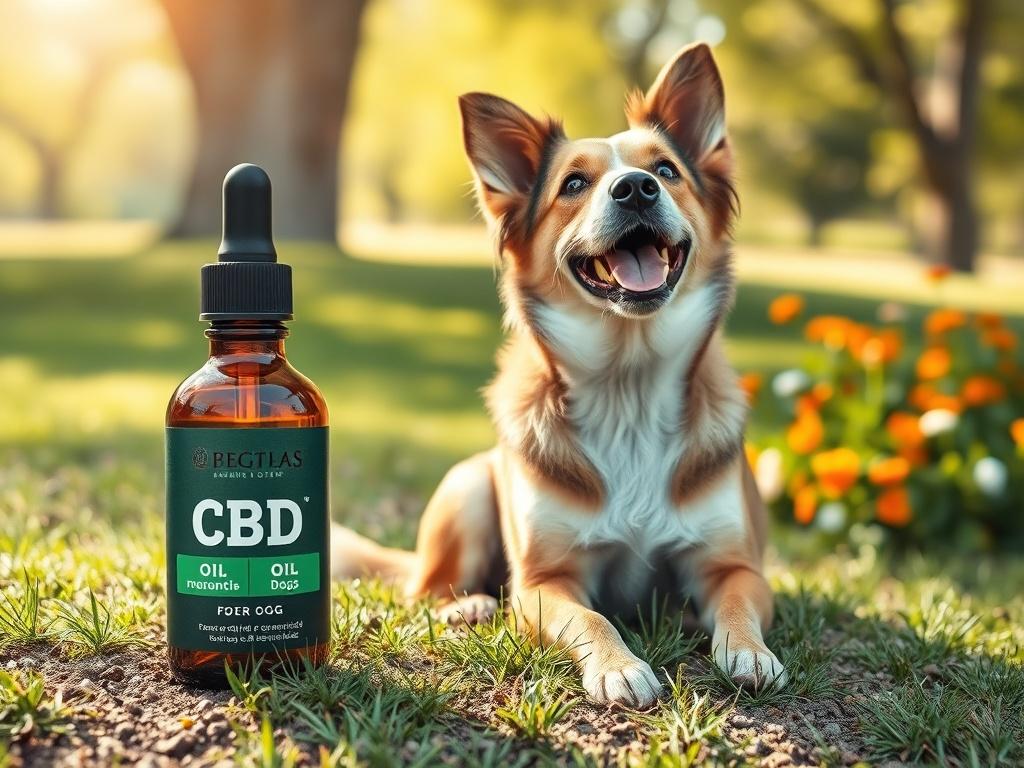 A happy dog sitting on a grassy patch with a