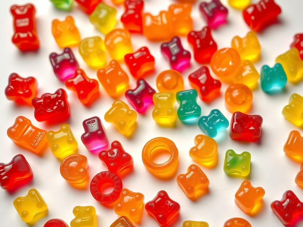 A close up of a colorful assortment of CBD gummies