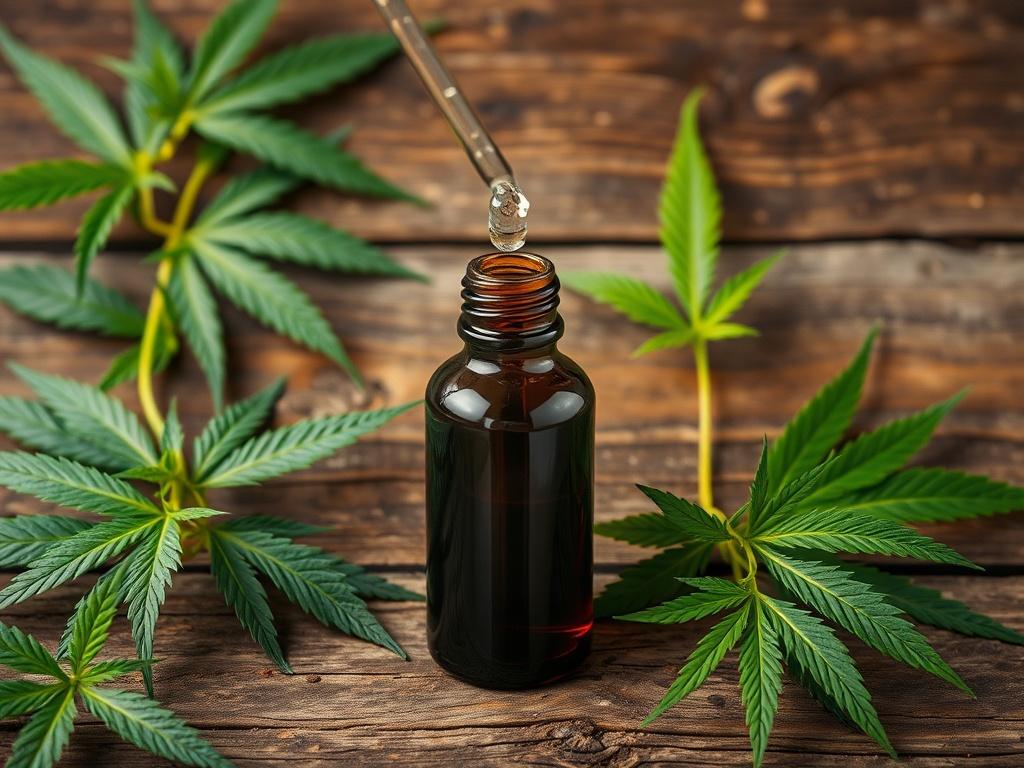 A rustic wooden background featuring a dropper bottle of CBD