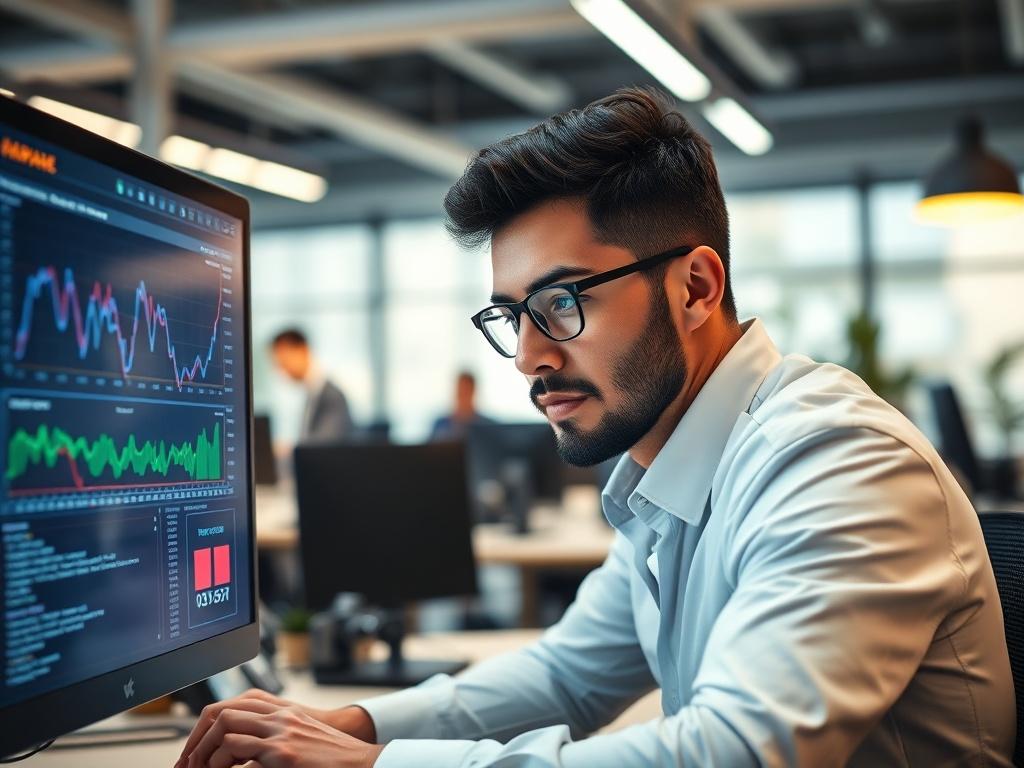 A close-up shot of a professional DevOps engineer analyzing data on a computer screen. The background is a modern office with a sleek design, featuring a soft focus on tech gadgets and collaborative workspaces. The lighting is bright and inviting, emphasizing a sense of innovation and productivity. The image should evoke a feeling of expertise and readiness to tackle complex technical challenges.