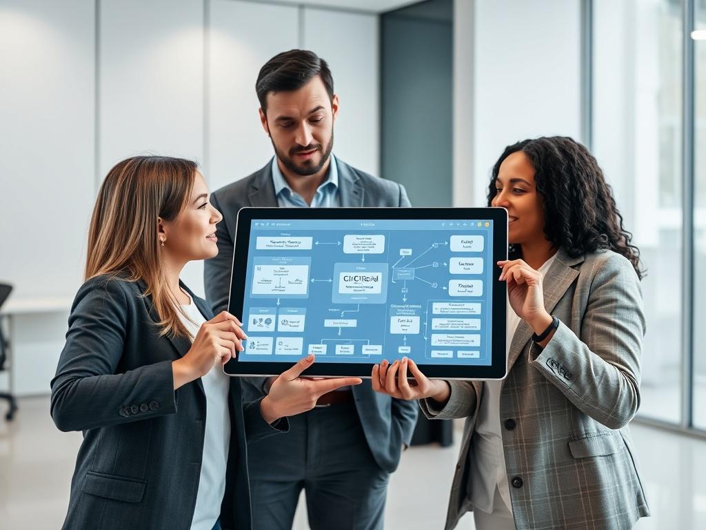 A close-up shot of a professional consulting session focused on DevOps architecture. The image features a diverse group of three experts engaged in discussion around a digital tablet displaying CI/CD process flows and infrastructure diagrams. The setting is a modern office with a clean, minimalist background, highlighting the collaborative atmosphere. The lighting is bright and inviting, emphasizing the technology and teamwork involved in successful DevOps implementation.