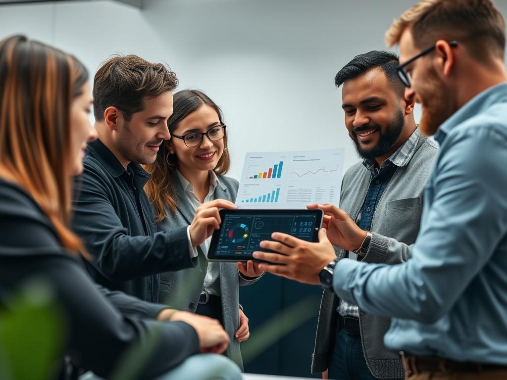 A close-up shot of a DevOps team working collaboratively at a modern office, focused on integrating security measures into their workflow. The scene captures a diverse group of professionals discussing strategies around a digital tablet displaying security analytics. The background is simple and uncluttered, emphasizing a high-tech environment with a hint of greenery to reflect innovation and sustainability. The lighting is bright and inviting.