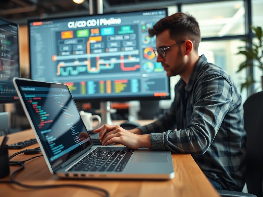 A close-up photo of a software developer coding on a laptop, with a CI/CD pipeline visualization displayed on a screen behind them. The environment is modern and tech-savvy, reflecting a dynamic workspace. The image should be sharp and focused, taken with a 45mm f/1.2 lens.