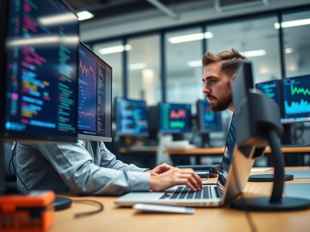 A close-up shot of a DevOps engineer working on a laptop, surrounded by screens displaying code and graphs. The background features a modern office environment with tech gadgets. The image should convey a sense of focus and innovation, shot with a 45mm f/1.2 lens.