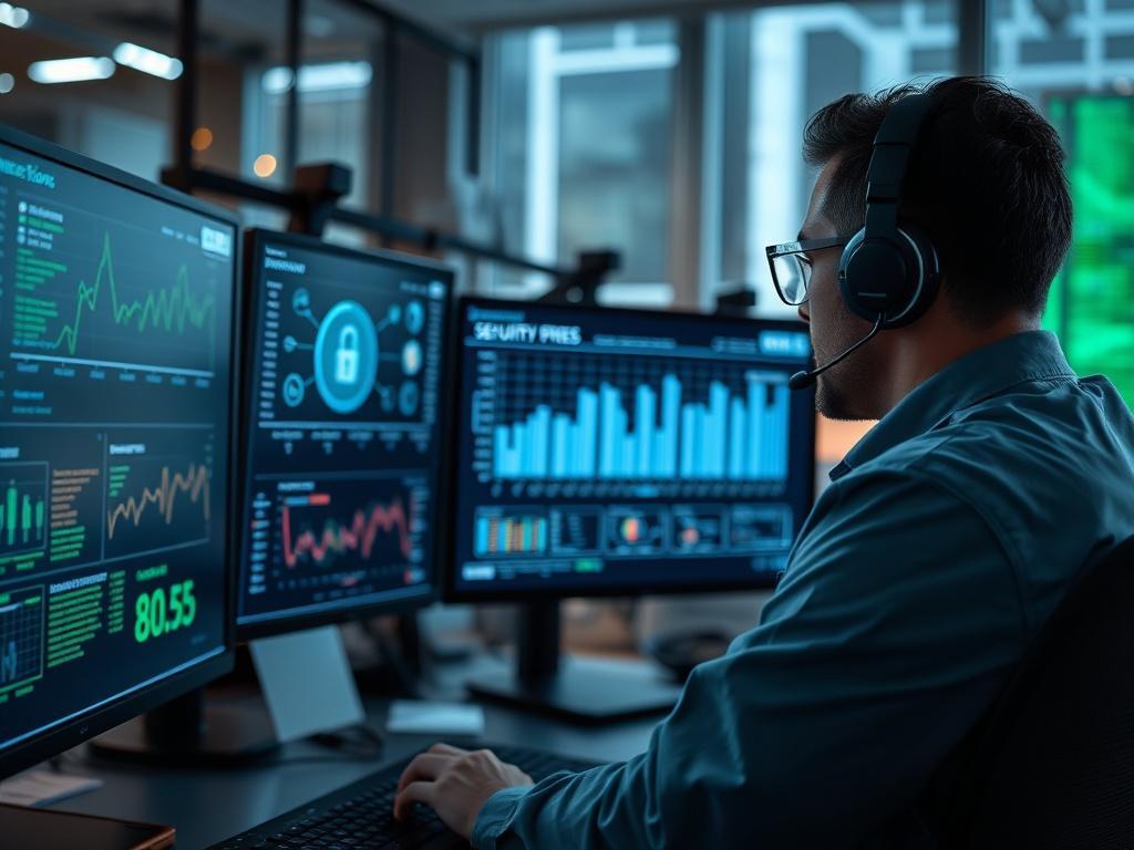 A close-up image of a cybersecurity specialist analyzing security metrics on a digital dashboard. The background hints at a high-tech workspace filled with monitors and security tools. The shot should convey a sense of vigilance and expertise, captured with a 45mm f/1.2 lens.