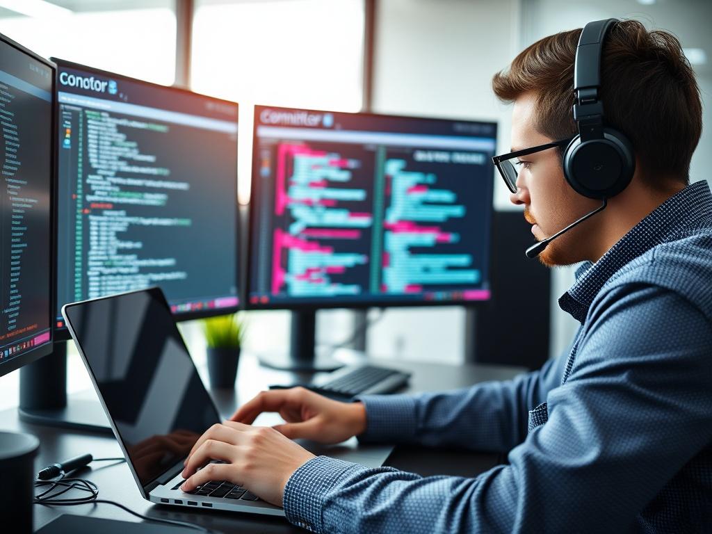 A close-up shot of a professional software developer working on a laptop, surrounded by dual monitors displaying code and deployment pipelines. The setting is a modern office with sleek design elements, emphasizing a focus on technology and efficiency. The lighting is bright, highlighting the developer's concentration and the screens' content. Use soft backgrounds with color accents in rgb(50, 170, 39) to create a dynamic yet professional atmosphere.