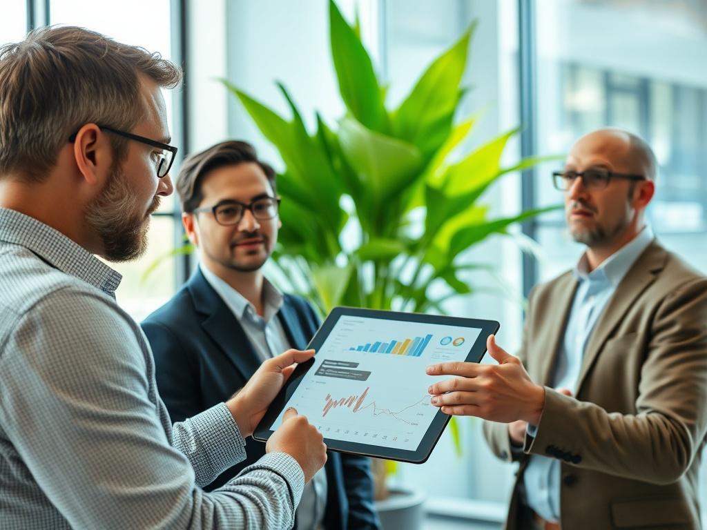A close-up shot of a professional consultant discussing DevOps architecture with a client in a modern office setting. The consultant is showing graphs and data on a digital tablet, highlighting CI/CD optimization strategies. The background features a sleek, minimalist office with a large window and vibrant green plants, creating a bright and inviting atmosphere. The image should be hyper-realistic, with a focus on the consultant's engaging expression and the client's attentive demeanor.