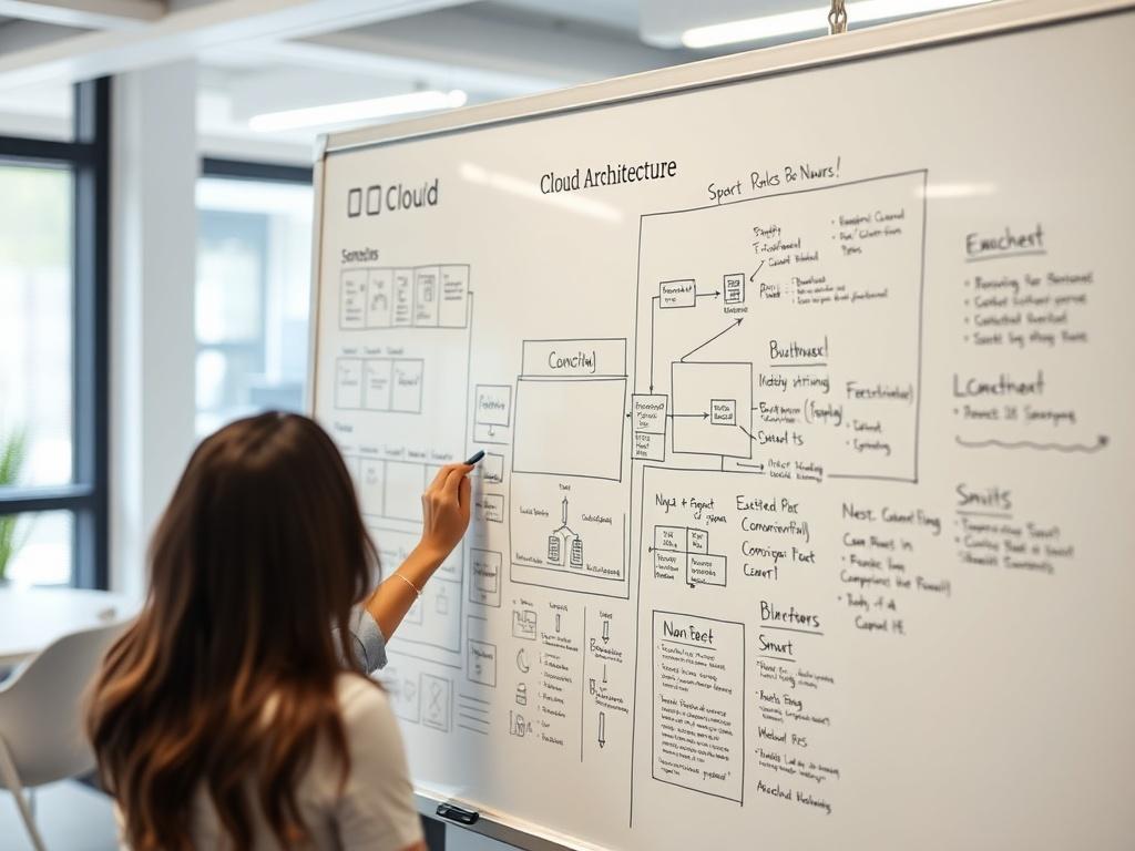 A hyper-realistic close-up shot of a cloud architecture plan on a whiteboard, with detailed diagrams and notes. The background should show a bright and modern workspace, emphasizing collaboration and innovation, captured with a 45mm f/1.2 lens style.
