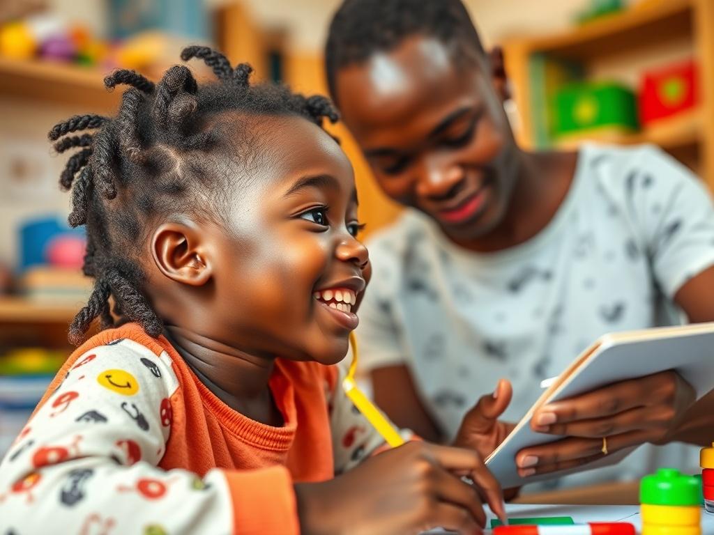A realistic high-resolution photo of a Senegalese child engaged in a playful educational activity with a tutor, illustrating joy and interaction, with colorful toys and learning materials in the background, captured in a close-up shot with warm lighting.