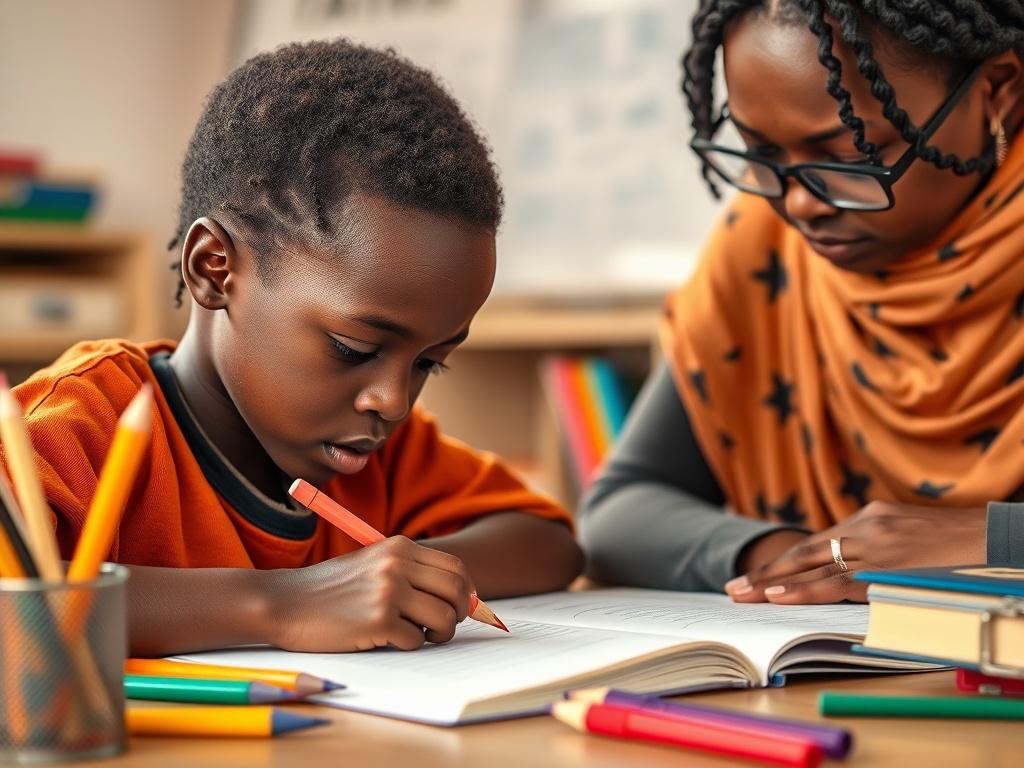 A realistic high-resolution photo of a Senegalese child working on a homework assignment with a tutor, showing a focused expression and a variety of colorful educational tools around them, captured in a close-up shot with natural lighting.