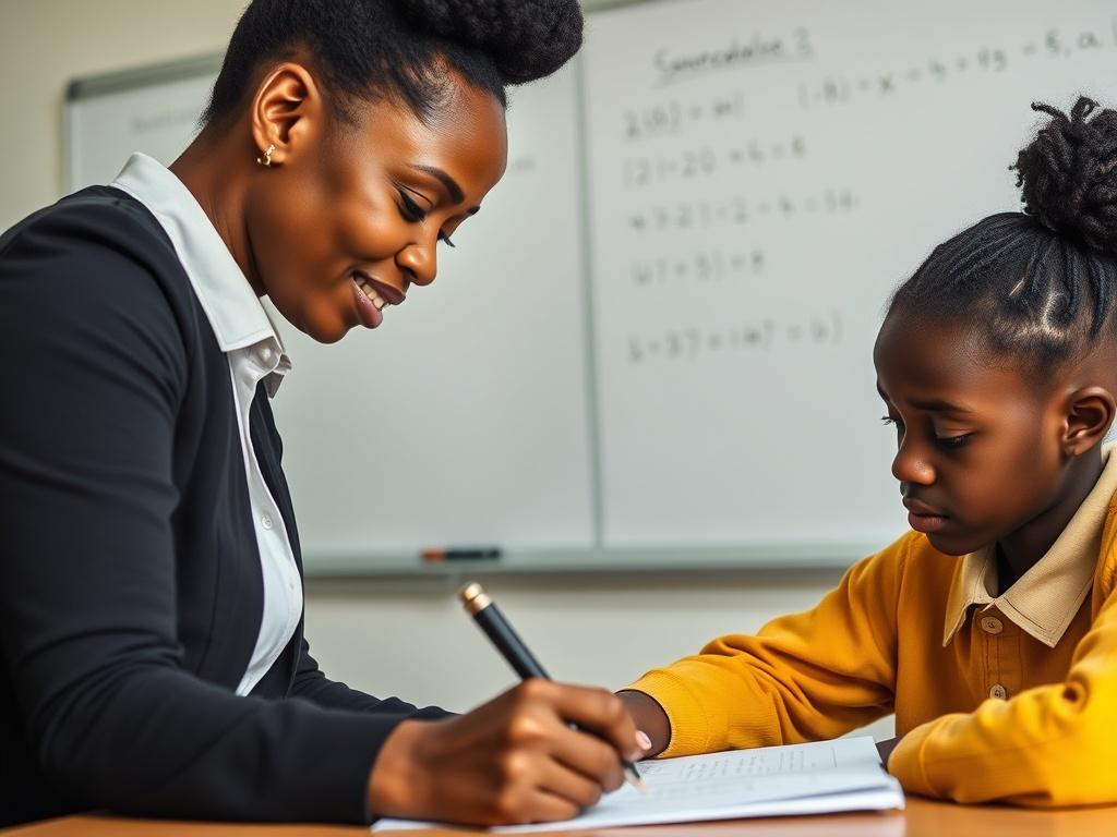 A realistic close-up of a Black female tutor working with a teenage Senegalese student on a math problem, with a whiteboard filled with equations in the background. The focus is on their collaborative effort, captured in high resolution.