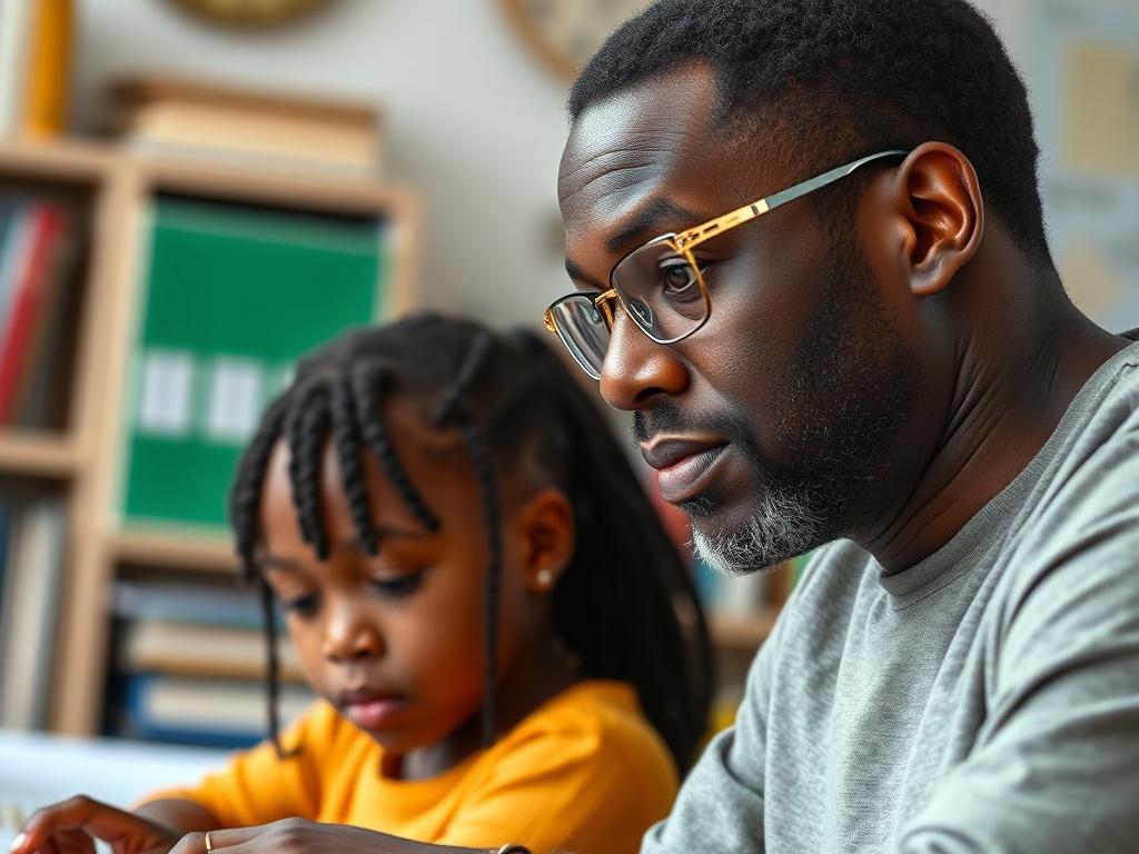 A close-up shot of a Senegalese tutor teaching a student in a bright and engaging environment, focusing on their expressions. The tutor is a middle-aged Black male wearing glasses, and the student is a young Black girl, both actively engaged in learning. The background shows books and educational materials, rendered in hyper-realistic quality.