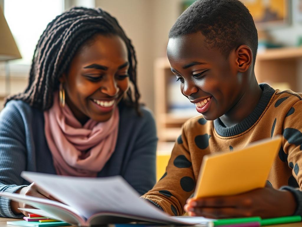 A hyper-realistic close-up of a Senegalese female tutor explaining a French grammar concept to a young Black boy. Both are focused and smiling, surrounded by colorful educational materials. The scene is warmly lit, emphasizing their engagement in the learning process.