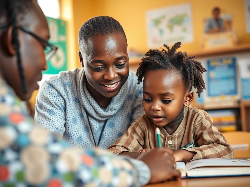 A close-up shot of a Senegalese tutor working one-on-one with a child, both engaged in a learning activity. The environment should be bright and friendly, showcasing educational materials around them. The focus should be on the interaction and support being provided.