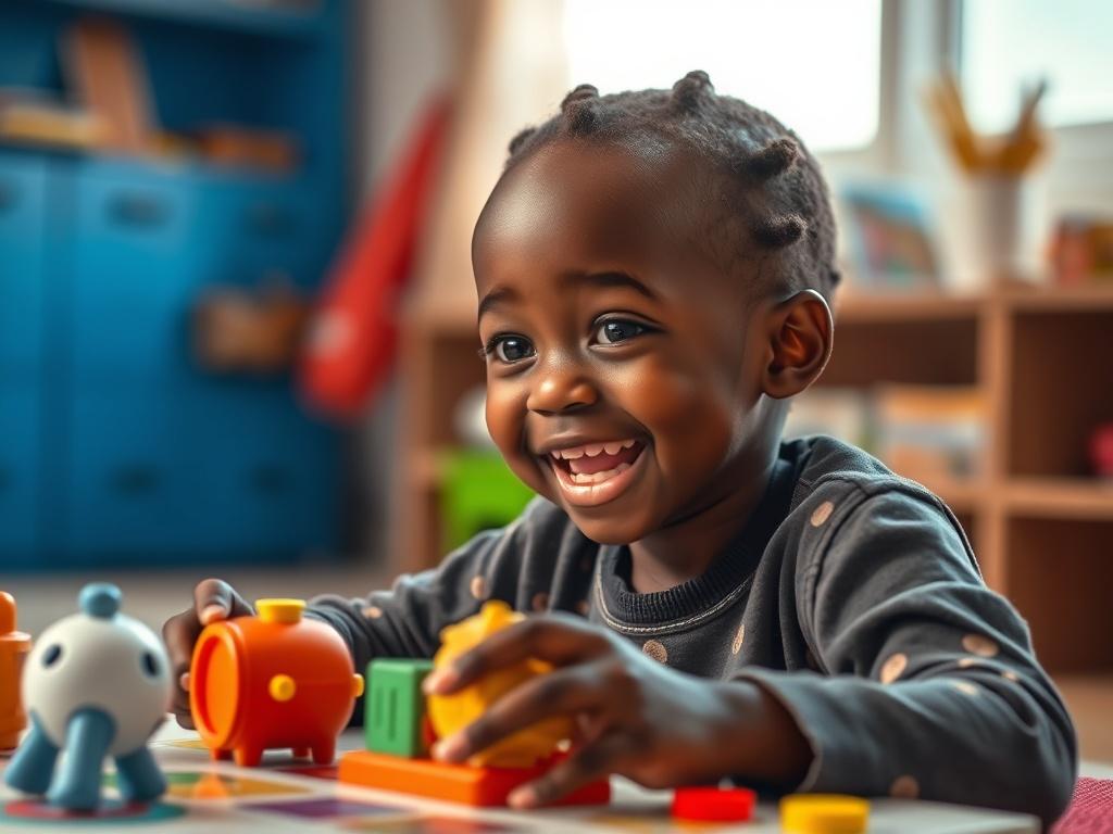 A realistic image of a Senegalese child playing with educational toys that promote language development. The scene should convey a warm and inviting atmosphere, with bright colors and engaging elements that encourage interaction. The focus should be on the child's joyful expression while learning.