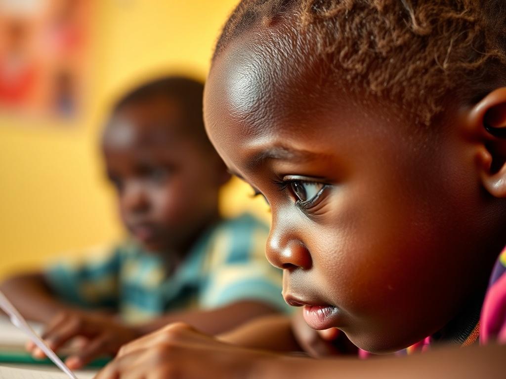 A close-up portrait of a Senegalese child with a focused expression, engaging in learning activities. The background should be simple and bright, emphasizing a supportive learning environment. The child should be depicted in a realistic style, with vibrant colors highlighting their features, capturing the essence of personalized education.