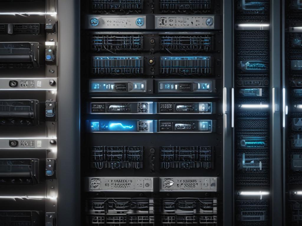 A hyper-realistic close-up shot of a modern cloud server rack with glowing lights, intricate wiring and components visible, shot with a 45mm f/1.2 lens, set against a clean, minimalistic background.