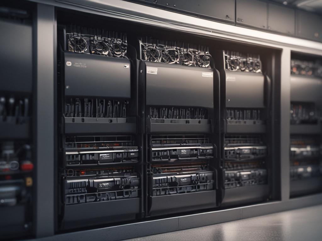 A hyper-realistic close-up shot of a powerful physical server with detailed components and cooling systems visible, shot with a 45mm f/1.2 lens, against a professional data center background.